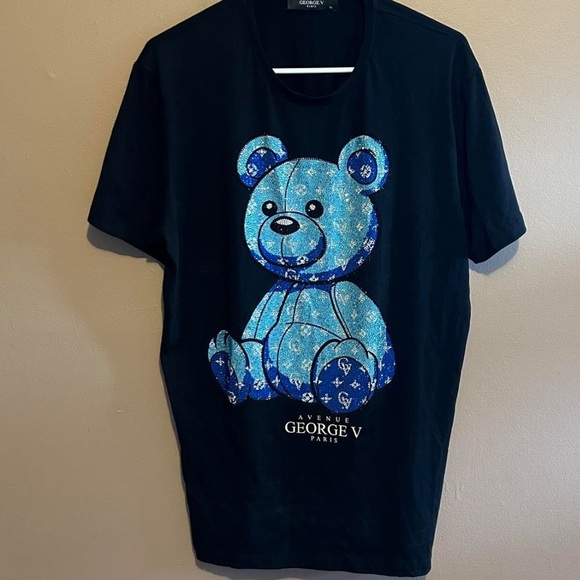 Avenue George V Paris Black S/Sleeve Tee Shirt Sz XXL Blue rhinestone teddy bear - Picture 3 of 8
